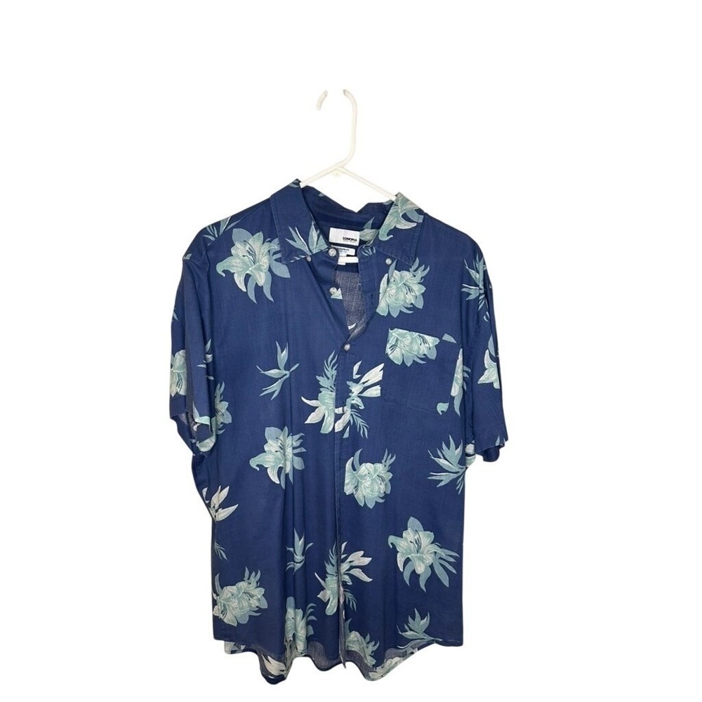 Sonoma Modern Fit Flexwear Mens Large‎ Blue Tropical Floral Short Sleeve Shirt
